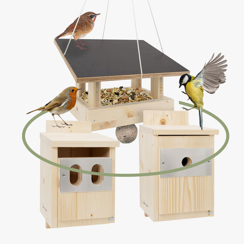 Vogelfreunde-Bundle (Nistkasten Meise & Rotkehlchen, Vogelhaus zum Aufhängen)
