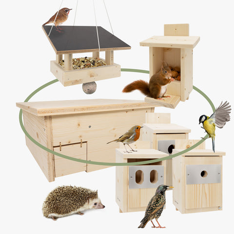 Waldgarten-Set (Nistkasten Meise, Star & Rotkehlchen, Vogelhaus, Igelhaus & Eichhörnchen-Futterhaus)