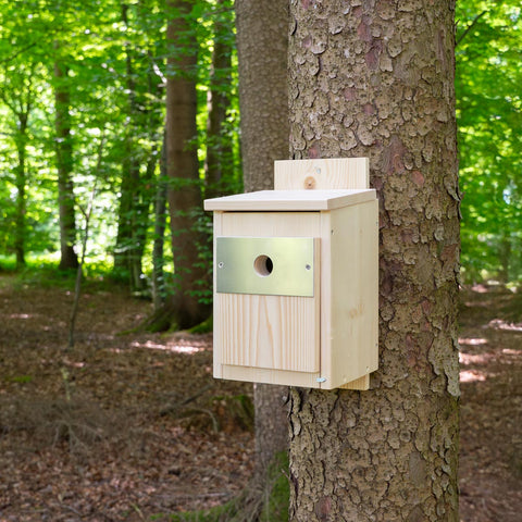 Nistkasten Meisen wetterfest 32 mm inkl. Spechtschutz nach NABU-Standard für Kohlmeisen, Blaumeisen und Co.