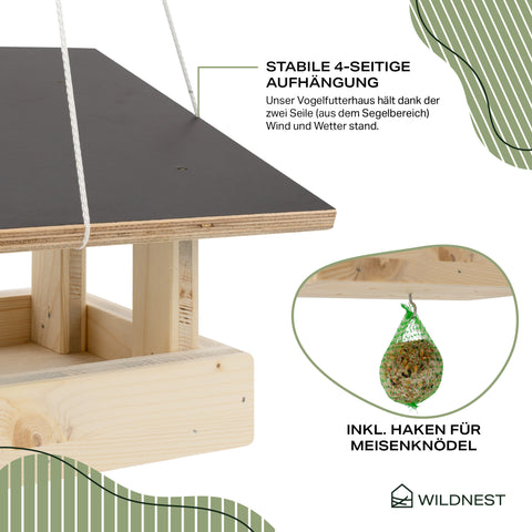 Vogelfutterhaus zum Aufhängen: Vogelhaus mit Seil inkl. Meisenknödelhaken